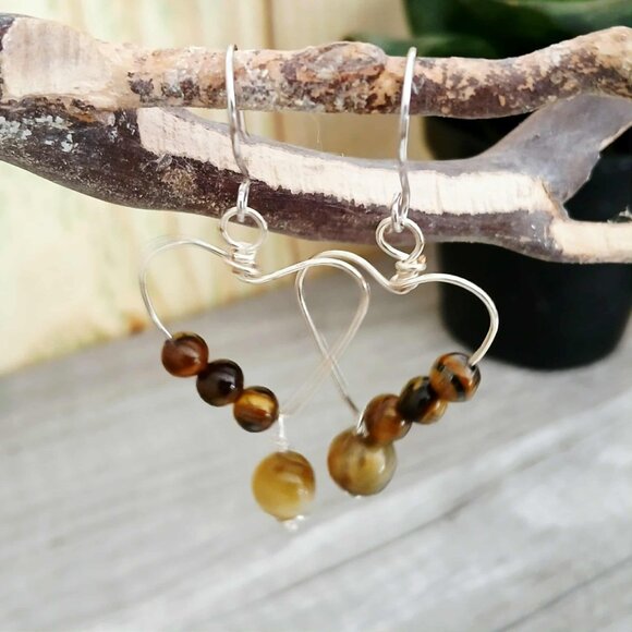 Tigers Eye Gemstone Heart Dangle Earrings, Crystal Jewelry, 2" - Picture 10 of 10